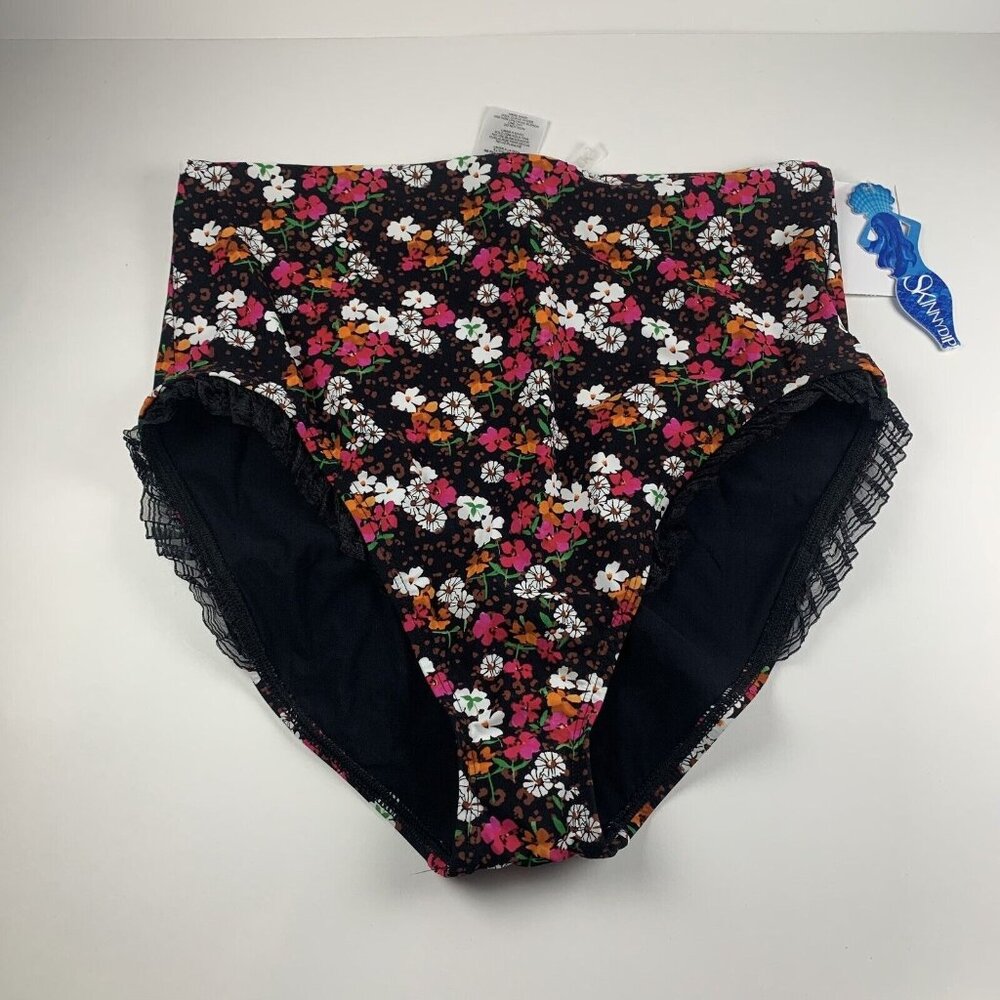Skinny Dippers Bikini Bottoms Womens XL Black Multi Floral Dora Ruffled Swimwear